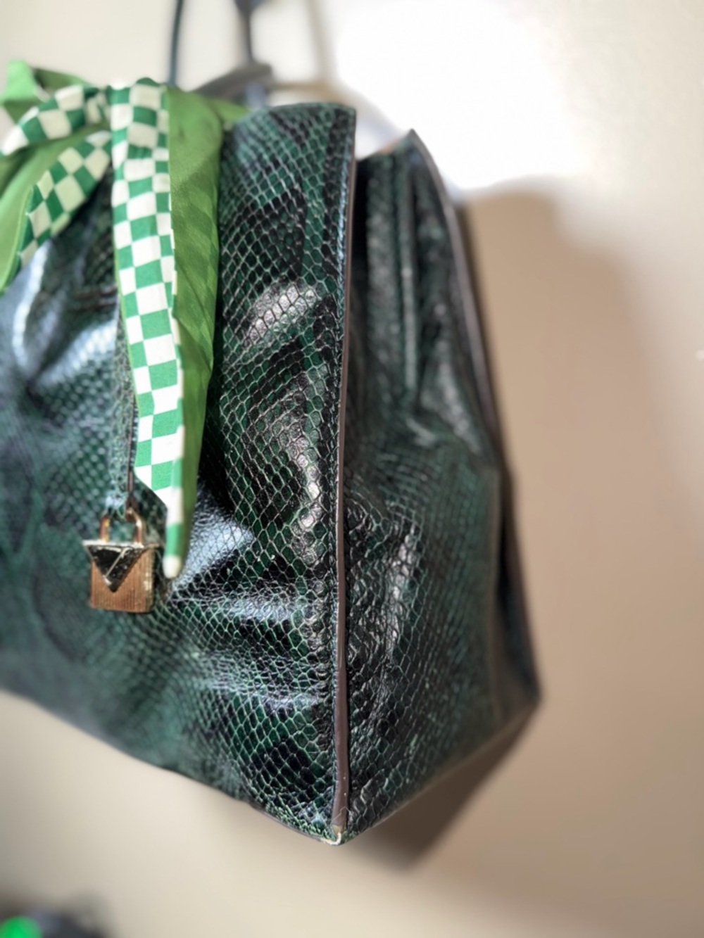 EUC Michael Kors Green Snake-Embossed Leather Tote with Green Scarf Accent - Picture 2 of 16